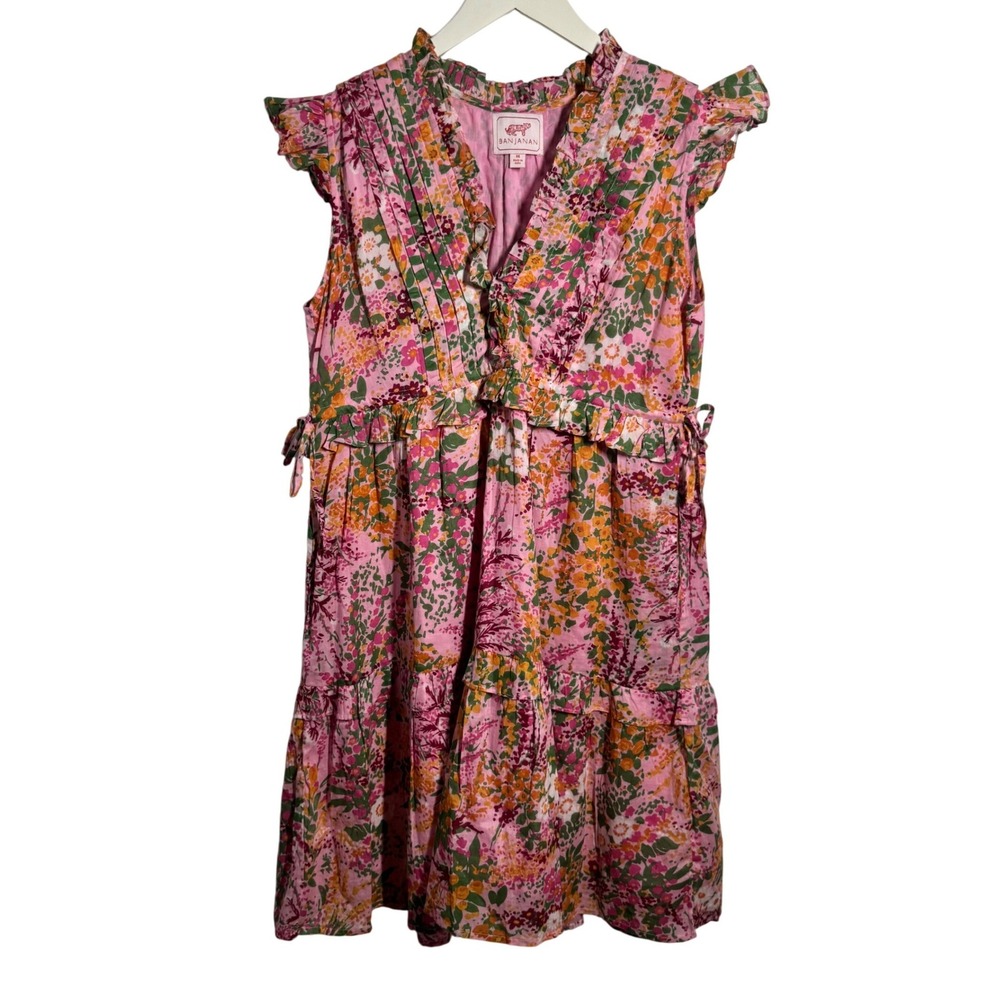 Banjanan Pink Floral Cotton Ruffle Tiered Midi Dress Womens M Flutter Sleeve